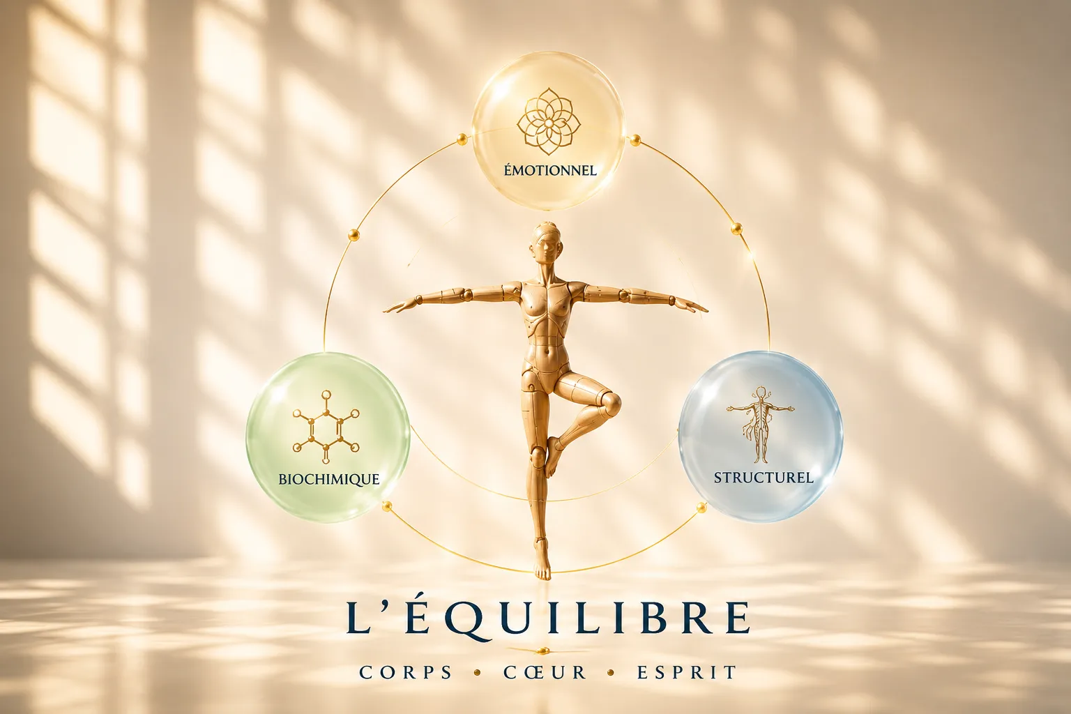 Illustration de l'équilibre en kinésiologie entre le corps, le cœur et l'esprit, avec ses dimensions émotionnelle, biochimique et structurelle.